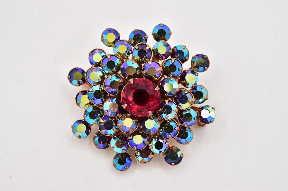 Vintage Statement AB Rhinestone Red Crystal Floral Starburst Brooch Pin BinAT